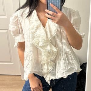 MUSE 100% cotton ruffle v neck blouse